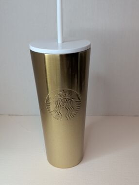 Starbucks Gold Tall Tumbler with White Lid and Straw